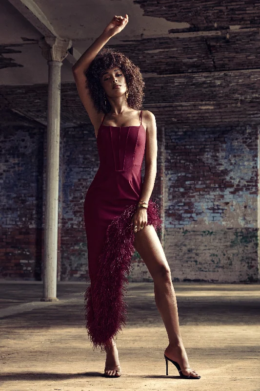 High Status | Burgundy Strappy Corset Asymmetric Maxi Dress With Feather Trim