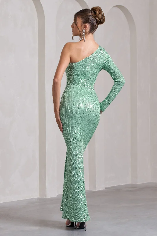 Love Language | Mint Green Sequin One Shoulder Maxi Dress With Corsage