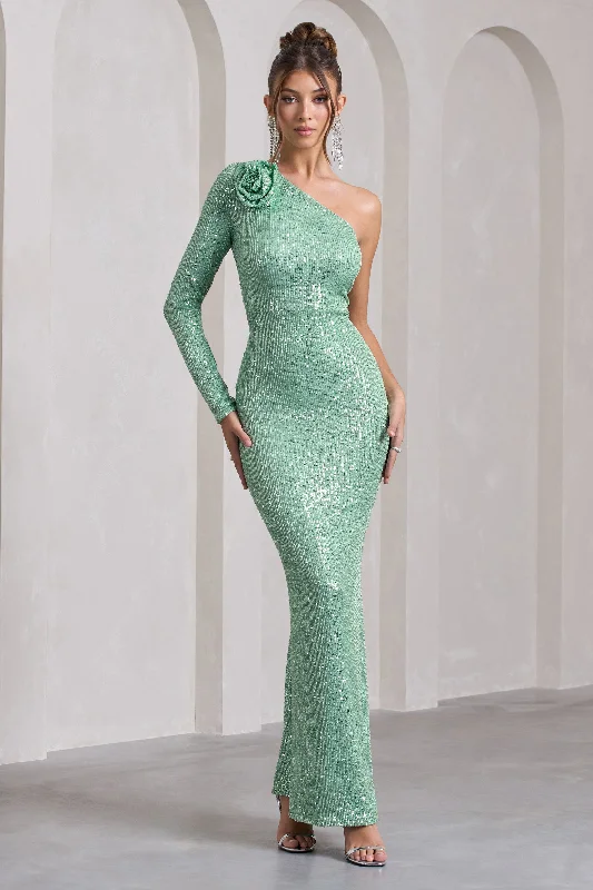 Love Language | Mint Green Sequin One Shoulder Maxi Dress With Corsage