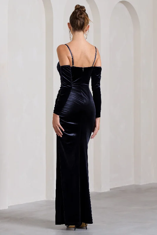 Meribel | Navy Velvet & Satin Long-Sleeved Corset Maxi Dress