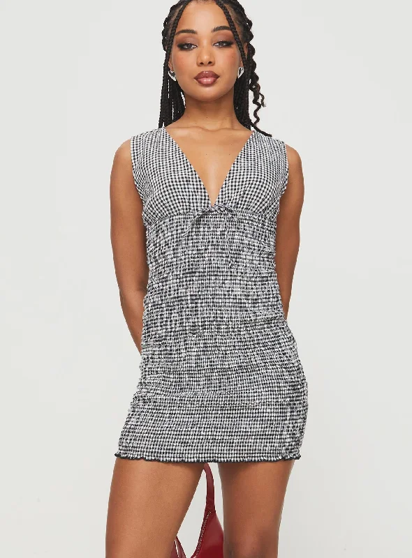 Solving Shirred Mini Dress Black Gingham