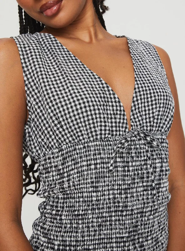 Solving Shirred Mini Dress Black Gingham