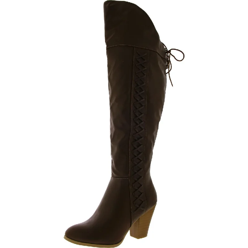 Womens Faux Leather Block Heel Over-The-Knee Boots