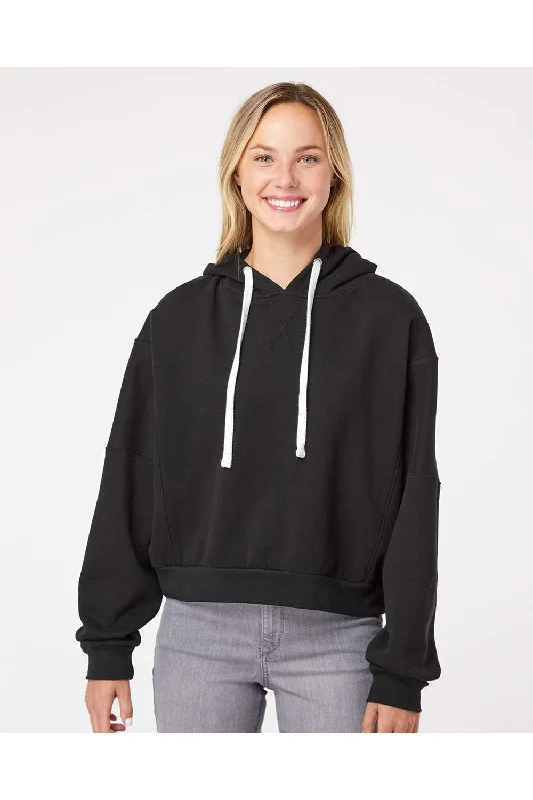 MV Sport Womens Sueded Fleece Crop Hooded Sweatshirt Hoodie - Black - NEW