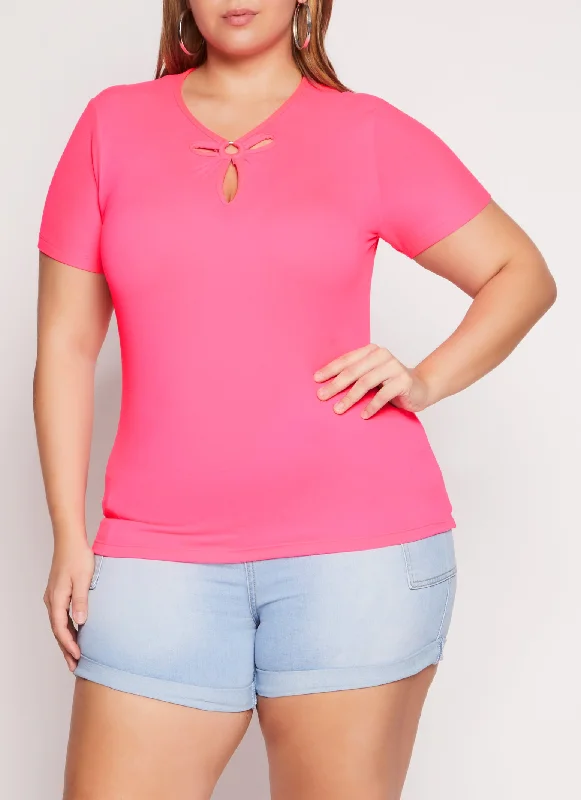 Plus Size O Ring Keyhole Short Sleeve Tee