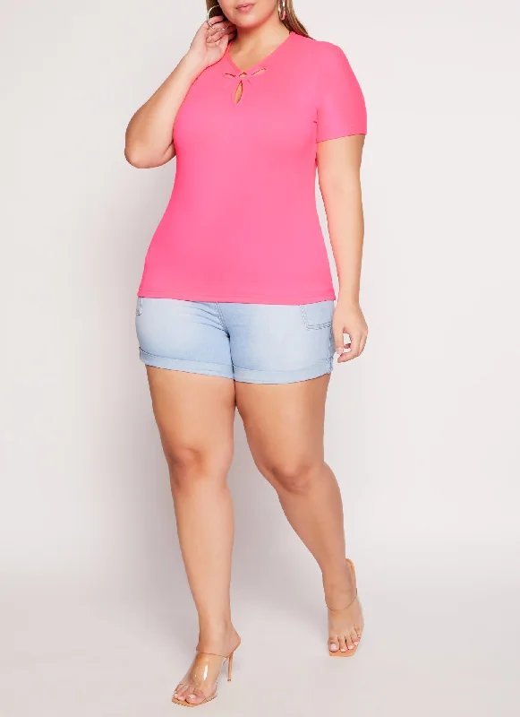 Plus Size O Ring Keyhole Short Sleeve Tee