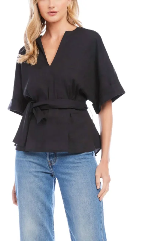 Belted V-Neck Top In Blk