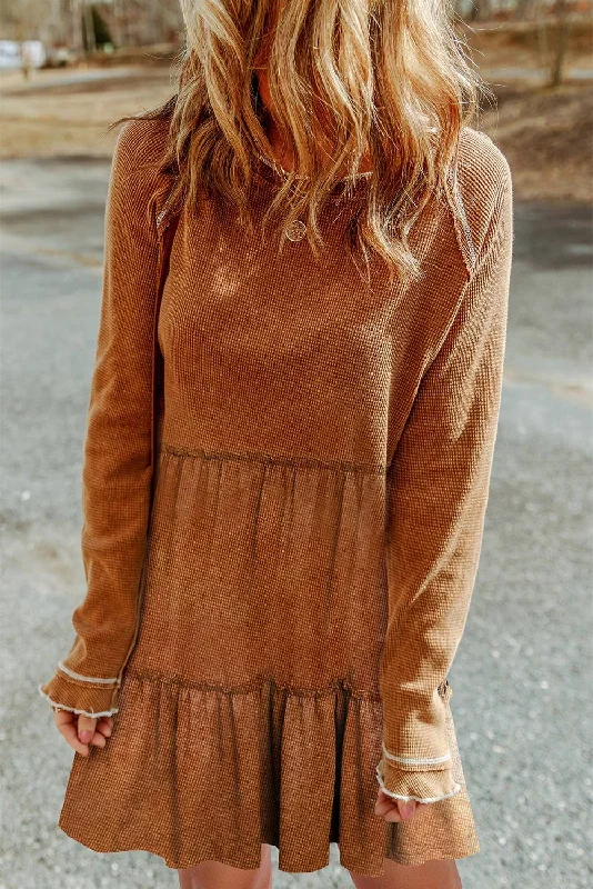 Chestnut Brown Textured Tiered Ruffled Long Sleeve Mini Dress