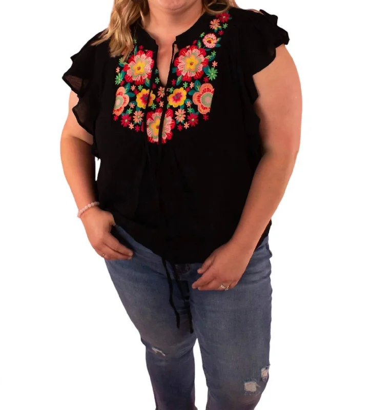 Flora Embroidered Flutter Sleeve Top In Black