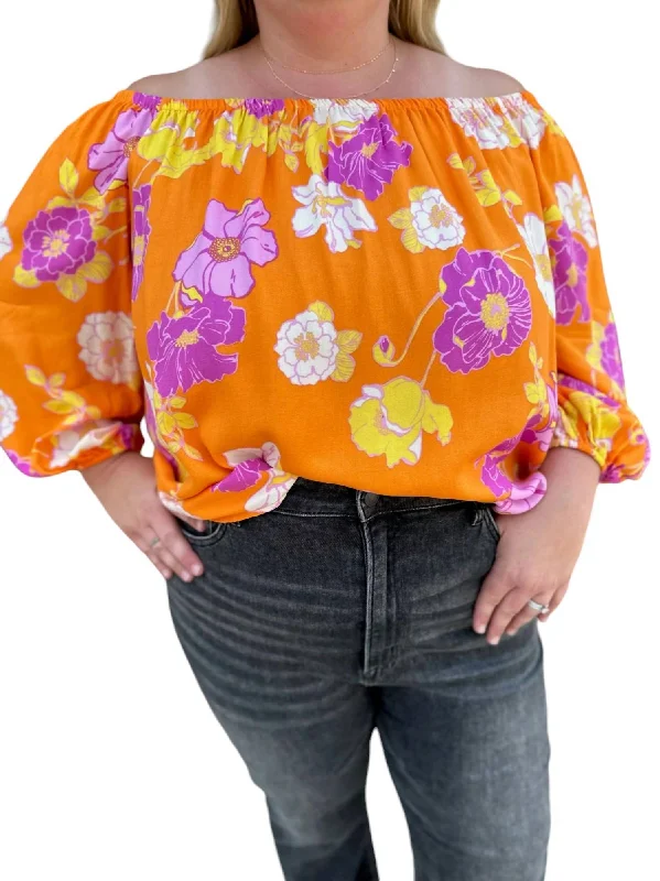 Half Sleeve Floral Print Woven Top In Orange