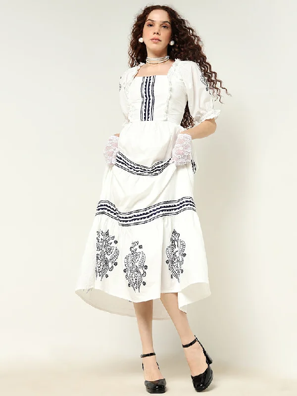 LOV White Printed Cotton Blend Tiered Dress