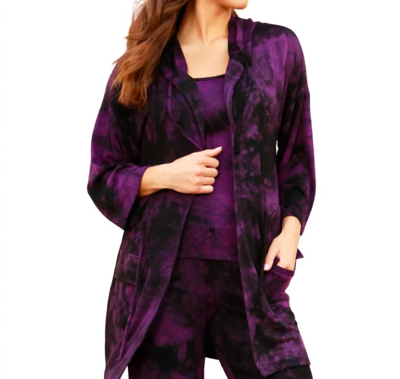 Marble Wash Drawstring Cardigan In Grape