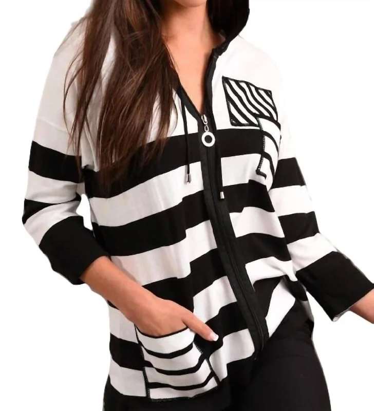 Multi Stripe Sleeve Hooded Cardigan In Black/multi