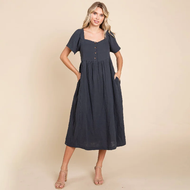 Orion Blue Double Gauze Square Neck Cotton Midi Dress