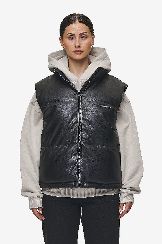 Priory Faux Leather Puffer Vest Metal Logo Black