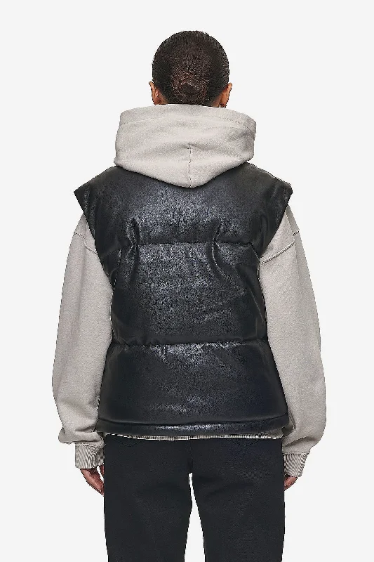 Priory Faux Leather Puffer Vest Metal Logo Black