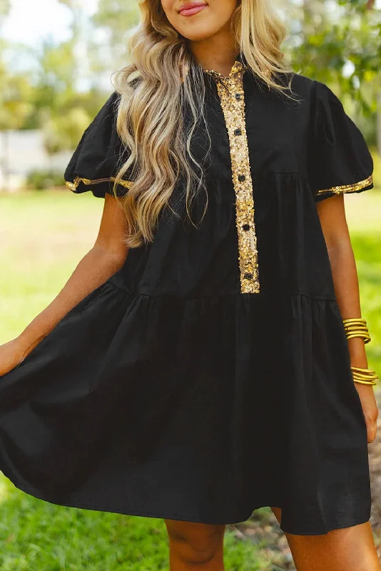 Sequin Black Trim Bubble Sleeve Game Day Shirt Dress