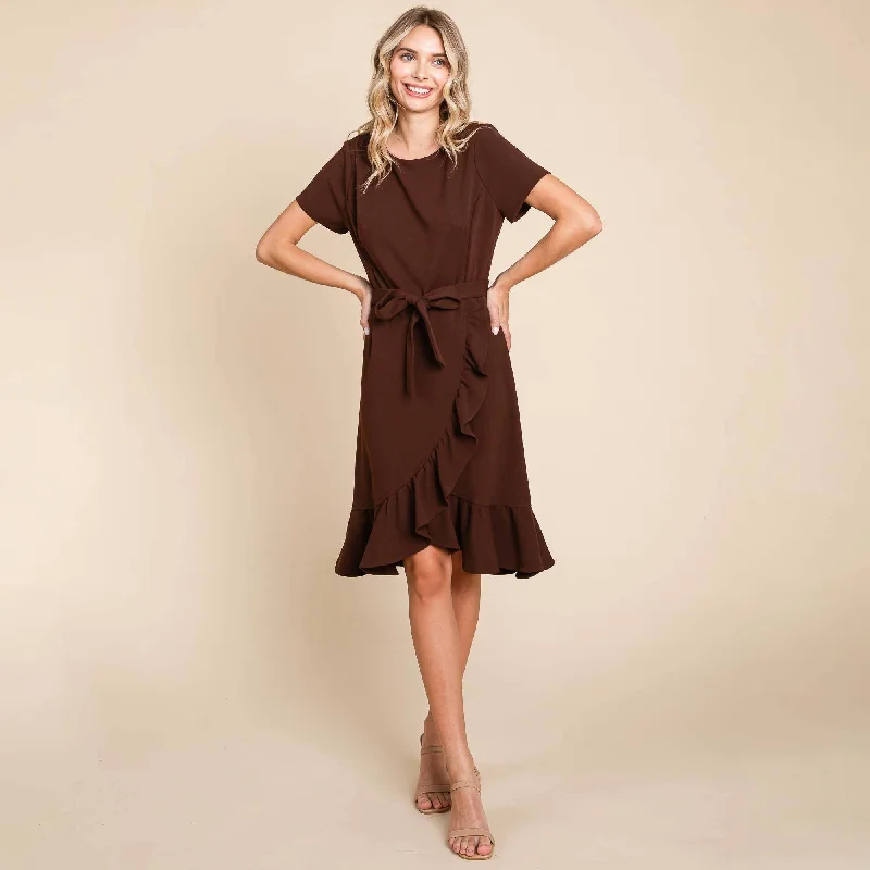 Brown Short Sleeve Ruffled Tulip Hem Tie Belt Dress