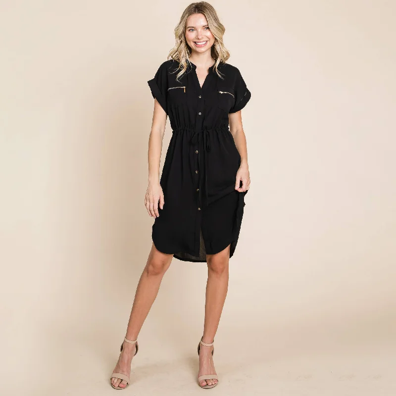 Black V-Neck Button up Short Sleeve Tie Waist Shirt Dress