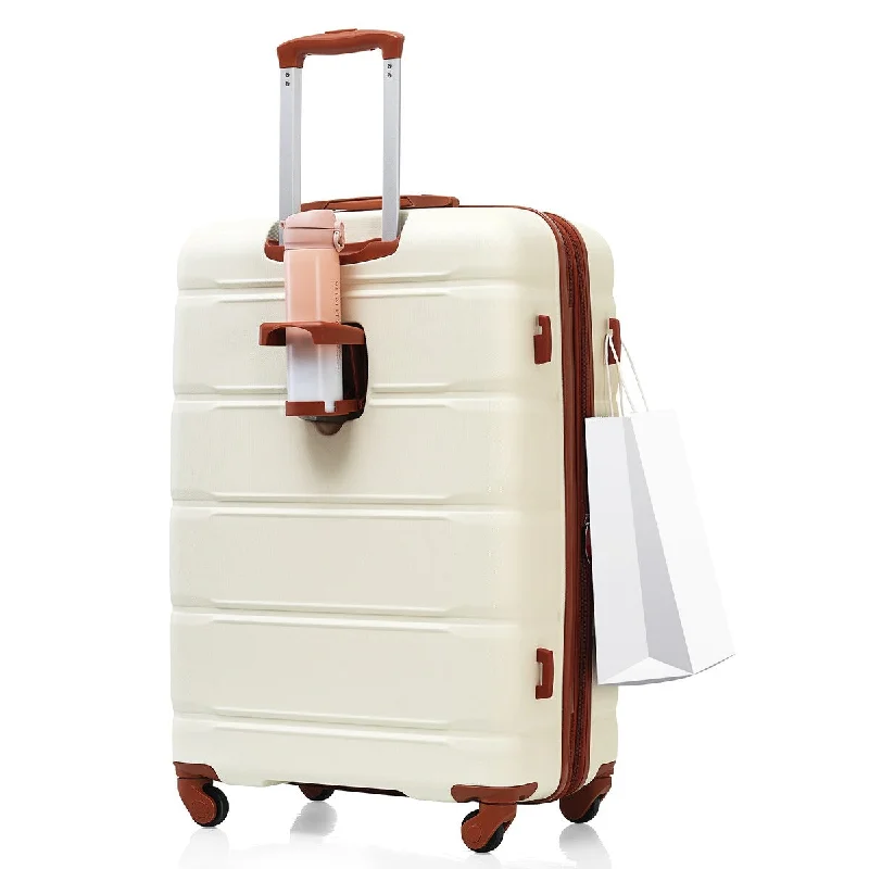 3 Piece USB Port Hardshell Luggage Sets Password Box, Beige+Brown