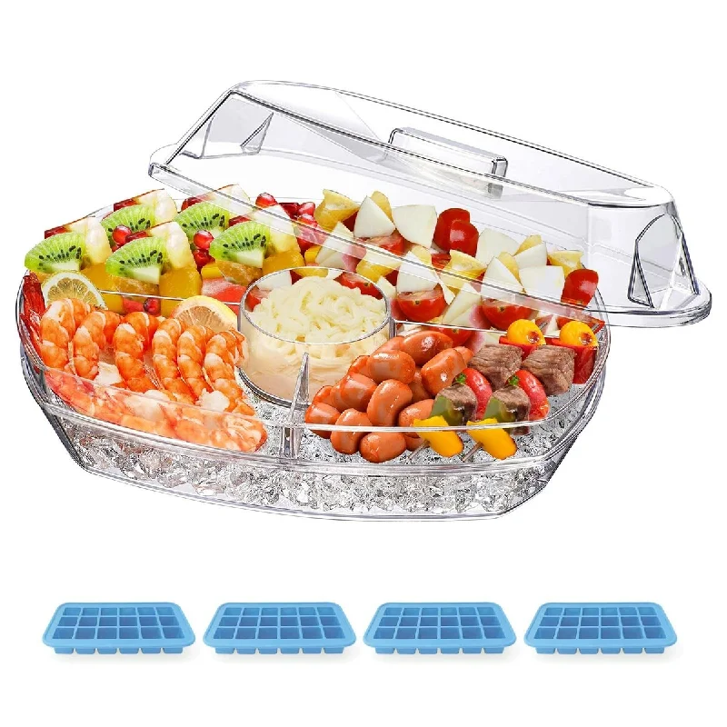 Appetizer Serving Tray on Ice, 15 Inch Party Platter with 4 Ice Cube Tray, Kitchen Chilled Food Bowl with Compartment and Lids