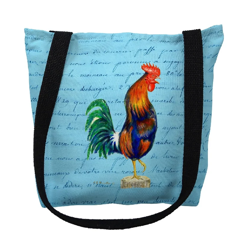 Leather luggage handles for a comfortable and stylish gripBlue Rooster on Blue Script Small Tote Bag 13x13