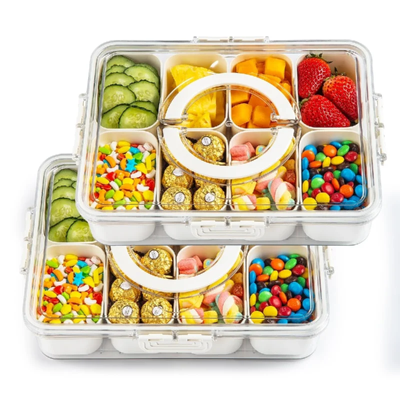 Divided Serving Tray Fresh-keeping Box with Lid&Handle，8 Compartments Snackle Box Charcuterie Container,Snack Box Container