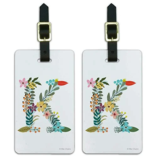 Letter K Floral Monogram Initial Luggage ID Tags Carry-On Cards - Set of 2