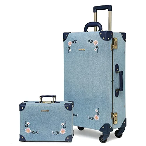 Suitcase wheels replacement kits for smooth rolling after long - term useNZBZ Travel Vintage Trunk Luggage Set with Spinner Wheels Cute Retro Suitcase for Women, 2 Pieces (Embroidered Flowers Dark Blue Set, 26"+12")