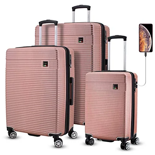 Suitcase wheels replacement kits for smooth rolling after long - term useVillago Hardshell 3 Pc Set USB port (Carry-On) Polycarbonate 8 Wheel Spinner with Slash Proof Zipper TSA Lock and Expandable Zipper/Maleta De Viaje De Polycorbonato Con Candado TSA (ROSE GOLD)