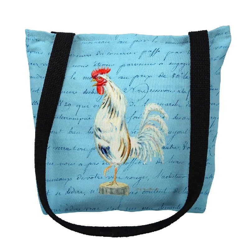 Leather luggage handles for a comfortable and stylish gripWhite Rooster Blue Script Small Tote Bag 13x13