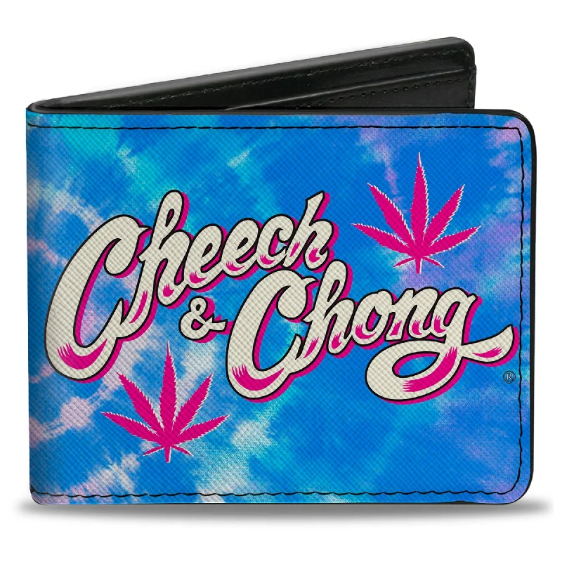 Stainless steel money clips for durabilityBi-Fold Wallet - CHEECH & CHONG Title Logo with Bud Leaf Tie Dye Blues/Pinks/White