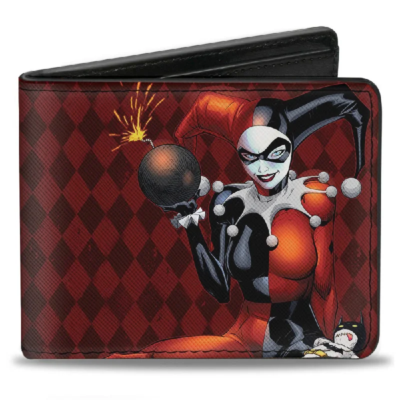 Stainless steel money clips for durabilityBi-Fold Wallet - HARLEY QUINN w Batman Voodoo Doll Holding Bomb + Hand Stand Diamonds Reds White Stainless steel money clips for durabilityBi-Fold Wallet - HARLEY QUINN w Batman Voodoo Doll Holding Bomb + Hand Stand Diamonds Reds White