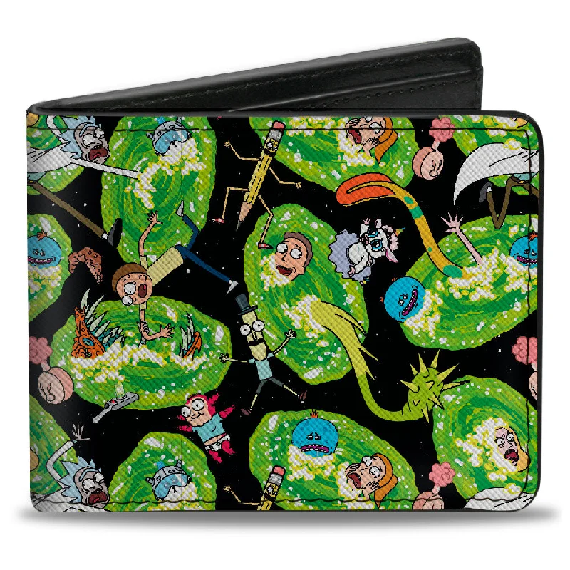 Money clips with magnetic closureBi-Fold Wallet - Rick and Morty Portal Multi Character Scattered Black/Green