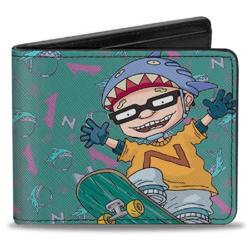 Eco-friendly money clips made from sustainable materialsBi-Fold Wallet - ROCKET POWER Sam Skateboard Pose + Text Scattered Icons Blues Purples Gold