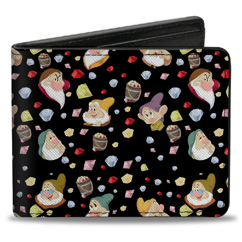 Vintage-style money clips for collectorsBi-Fold Wallet - Snow White the Seven Dwarfs Expressions and Diamonds Scattered Black Multi Color