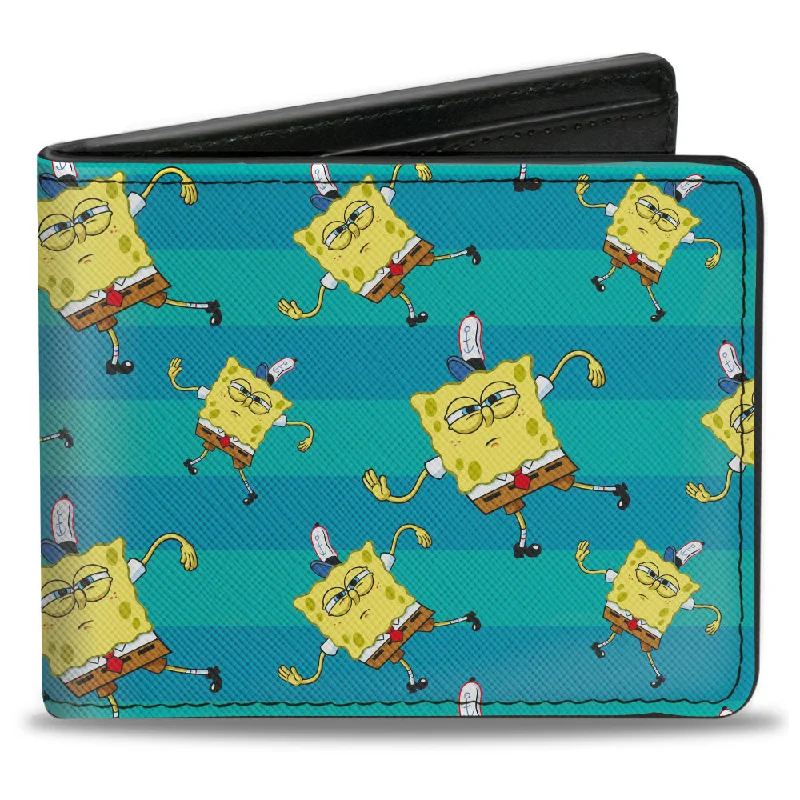 Slim money clips for minimalist walletsBi-Fold Wallet - SpongeBob Dancing Pose Scattered Stripe Teal Blues