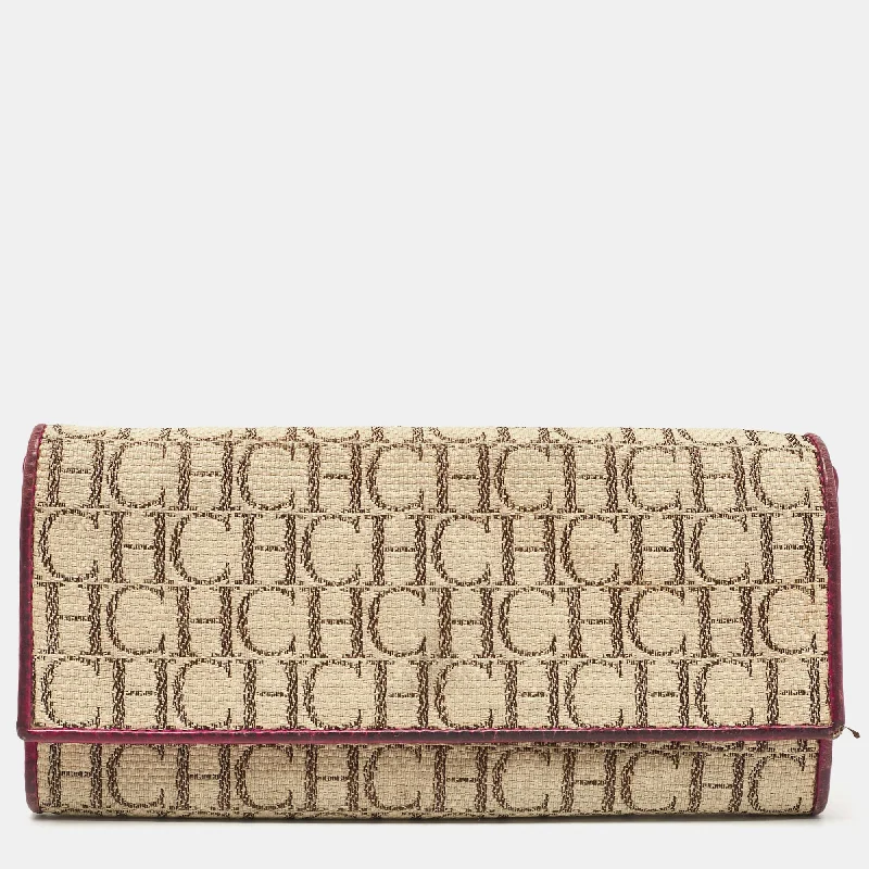 Carolina Herrera Beige Monogram Canvas And Leather Flap Continental Wallet