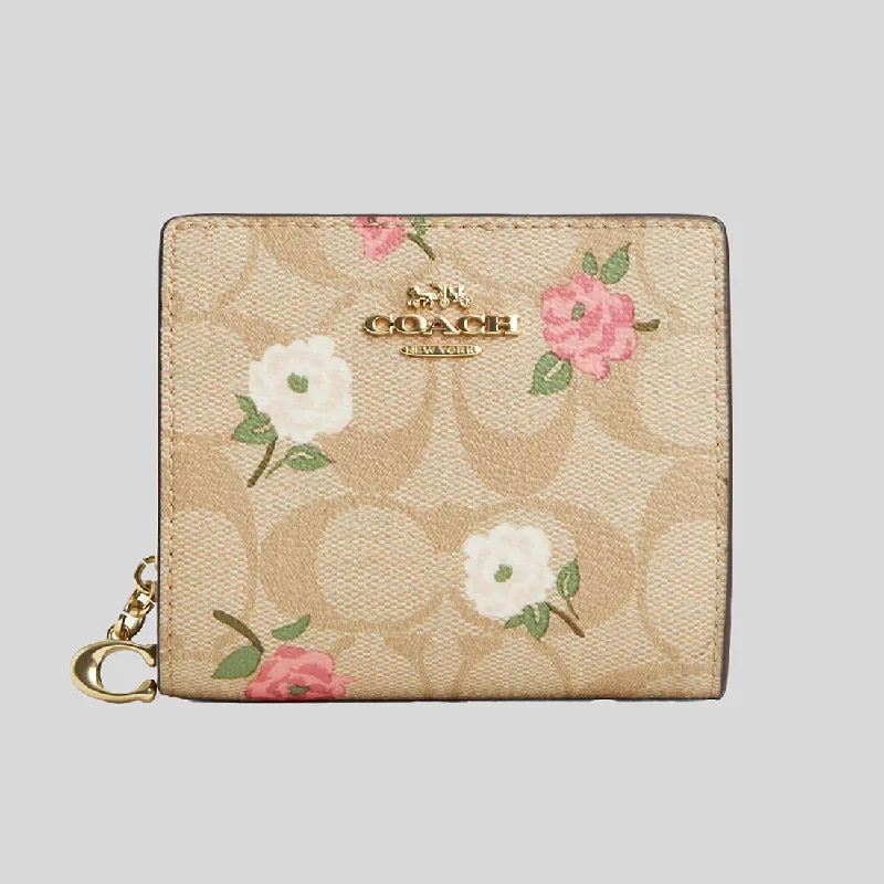 Eco-friendly money clips made from sustainable materialsCOACH Snap Wallet In Signature Canvas With Floral Print Khaki Chalk Multi CR969