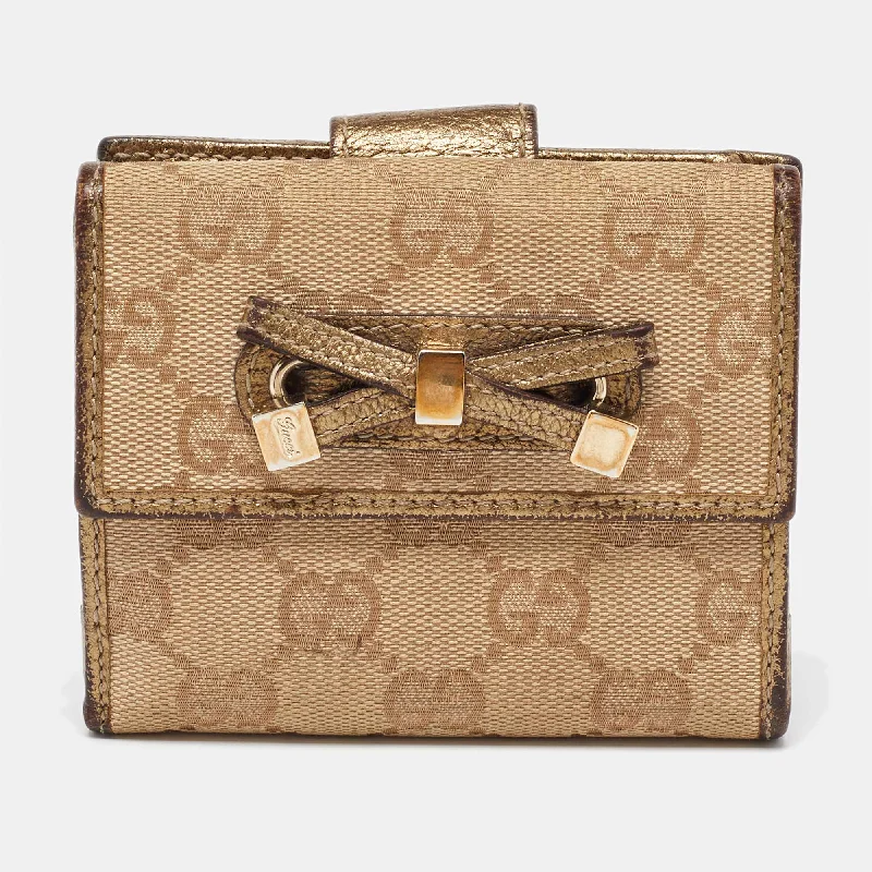 Gucci Beige/gold Gg Canvas And Leather Compact Wallet