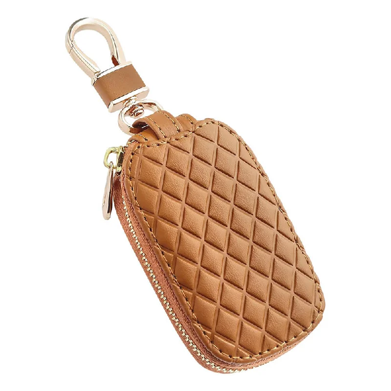 Slim money clips for minimalist walletsKeyzone Unisex Mens Womens Premium Checkered Pattern Leather Car Key Holder Bag Keychain Case Wallet with Zipper Closure (KW01)