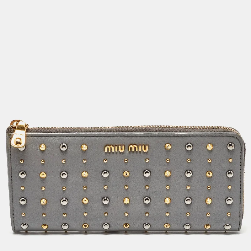 Top-rated money clips for everyday useMiu Miu Grey Leather Studded Zip Continental Wallet