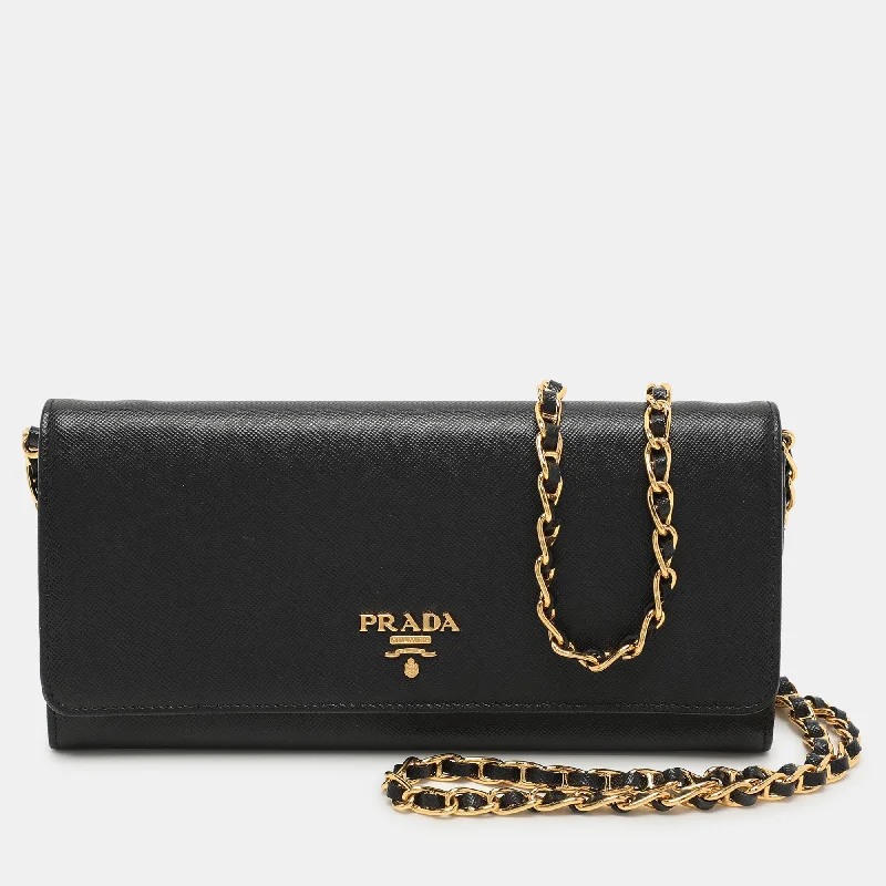 Personalized engraved money clips for menPrada Black Saffiano Lux Leather Oro Chain Wallet On Chain