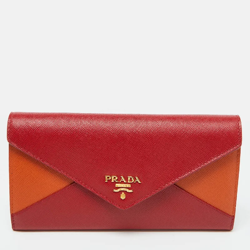 Prada Red/orange Saffiano Leather Envelope Flap Continental Wallet
