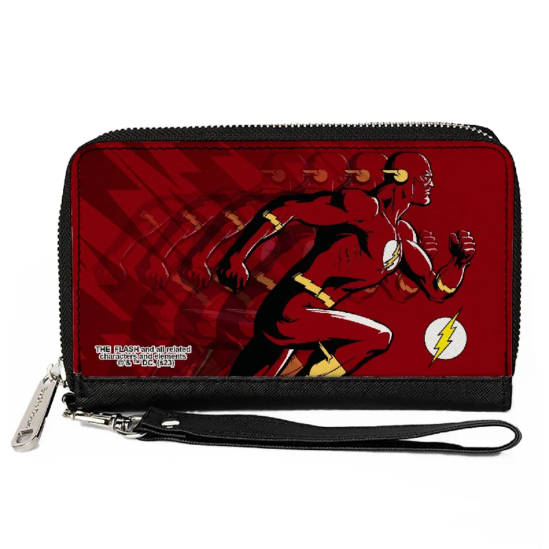 Luxury leather money clips with card slotsPU Zip Around Wallet Rectangle - The Flash Running Pose and Bolt Trails Reds