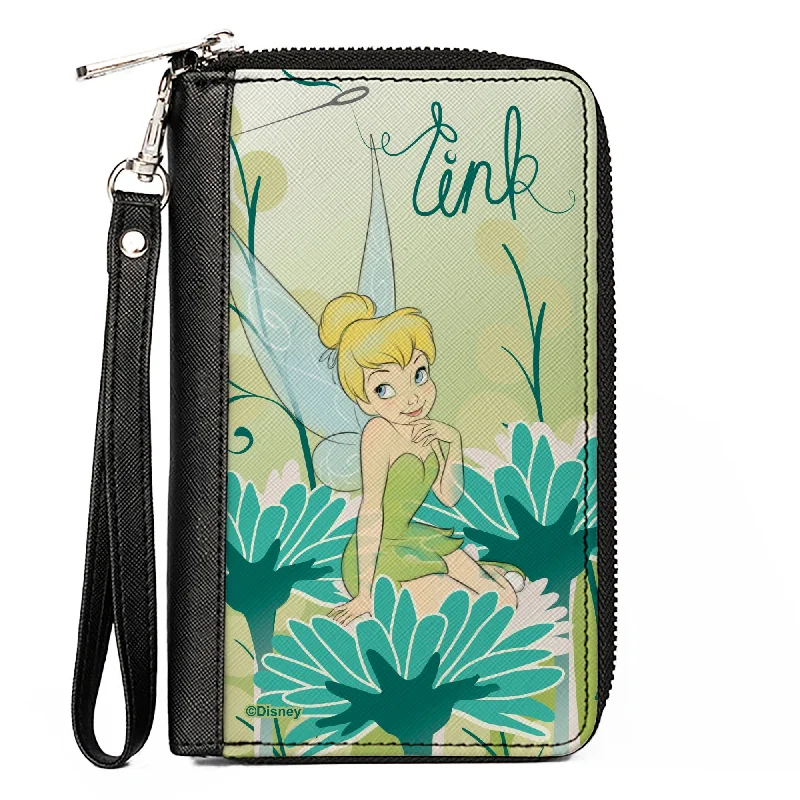 Stainless steel money clips for durabilityPU Zip Around Wallet Rectangle - Tinker Bell Sitting on Flower Pose Greens/Aqua Blues