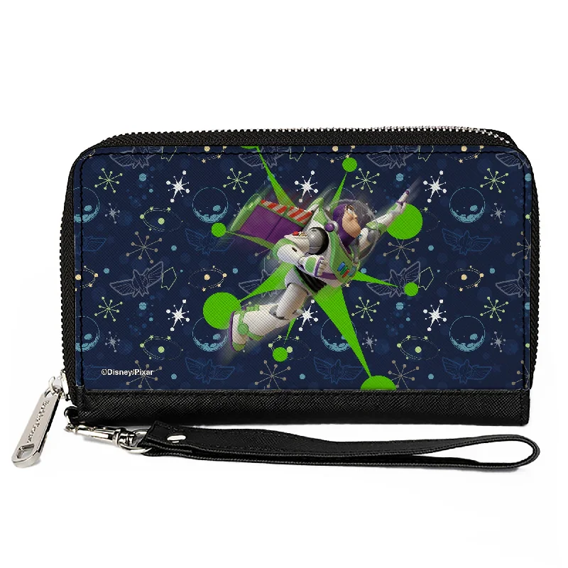 Lightweight money clips for travelPU Zip Around Wallet Rectangle - Toy Story Buzz Lightyear Flight Pose + Space Ranger Logo/Icons Blues/Greens