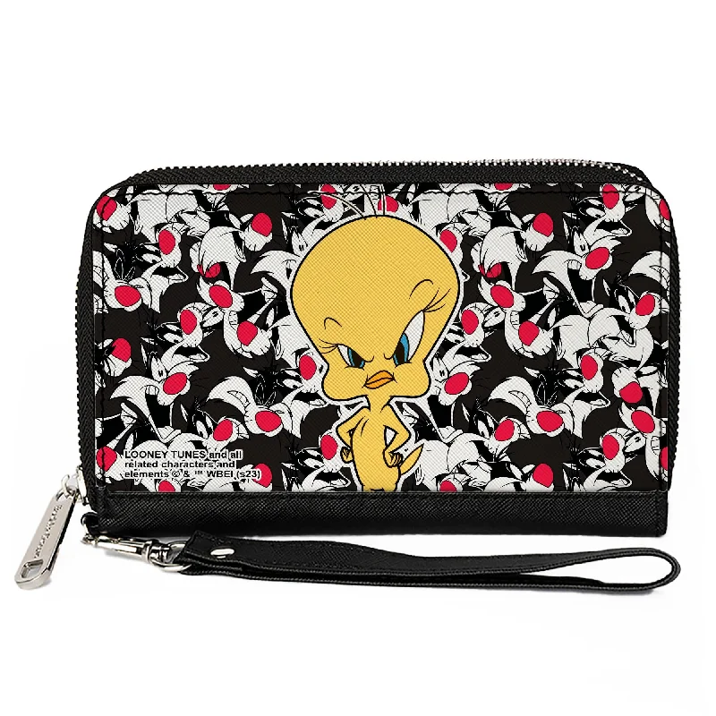 Money clips with RFID protectionPU Zip Around Wallet Rectangle - Tweety Pose/Sylvester the Cat Expressions Stacked Black/White/Red