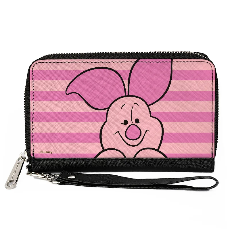PU Zip Around Wallet Rectangle - Winnie the Pooh Piglet Expression Close-Up Stripe Pinks