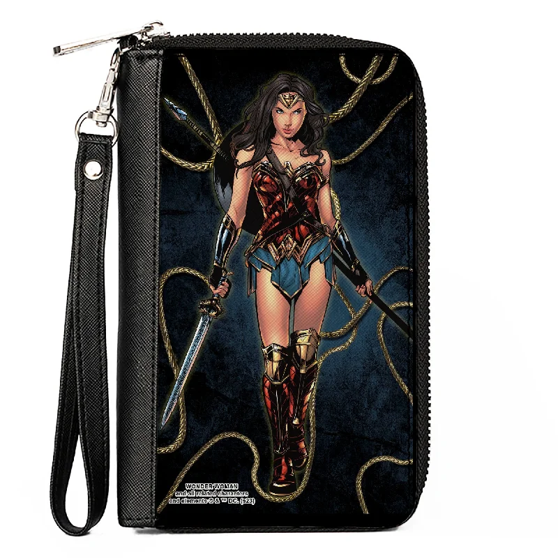 Money clips with RFID protectionPU Zip Around Wallet Rectangle - Wonder Woman 2017 Standing Swords Pose with Lasso of Truth Blues/Golds Money clips with RFID protectionPU Zip Around Wallet Rectangle - Wonder Woman 2017 Standing Swords Pose with Lasso of Truth Blues/Golds